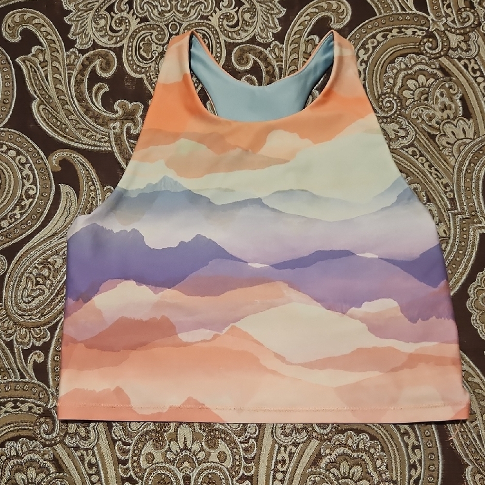 Colorful Mountain Print Crop Top With Built In Bra Shelf.  Lined.  Made By DSG